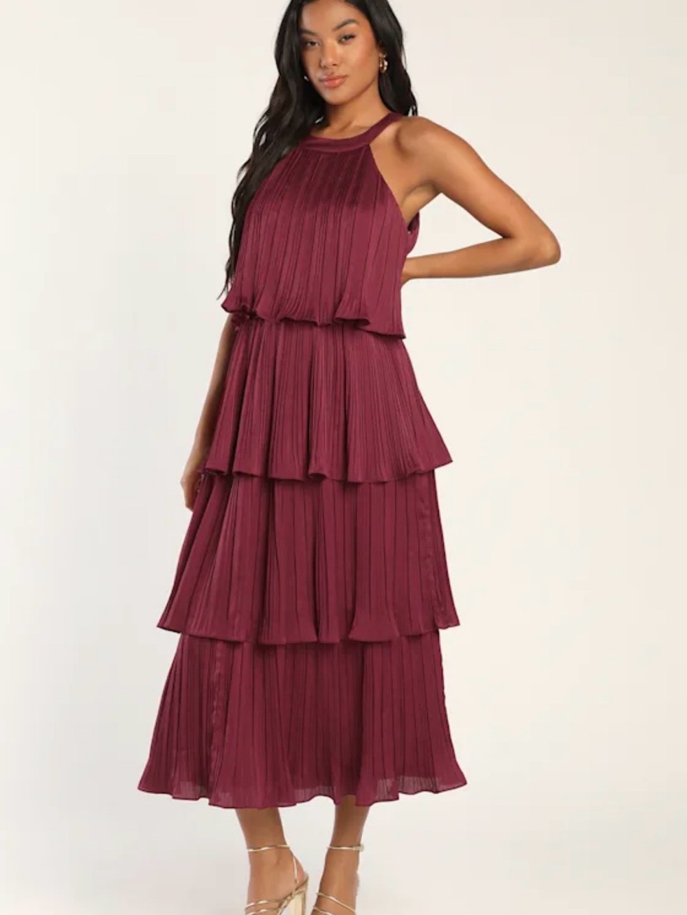 Lulus Tier and Far Wine Red Tiered Pleated Halter Midi Dress size Medium